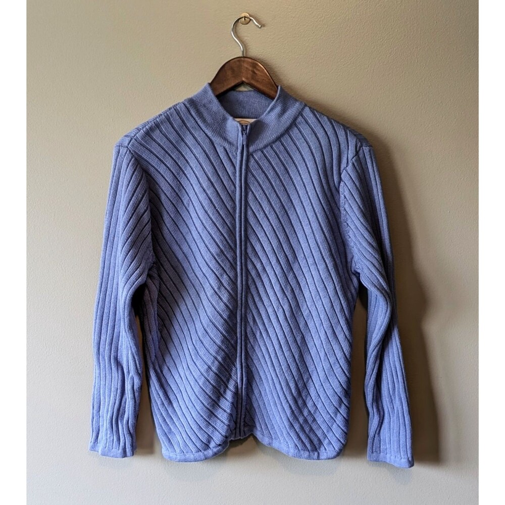 Talbots Womens Large L Blue Ribbed Knit Full Zip Cardigan Sweater Mock Neck Top